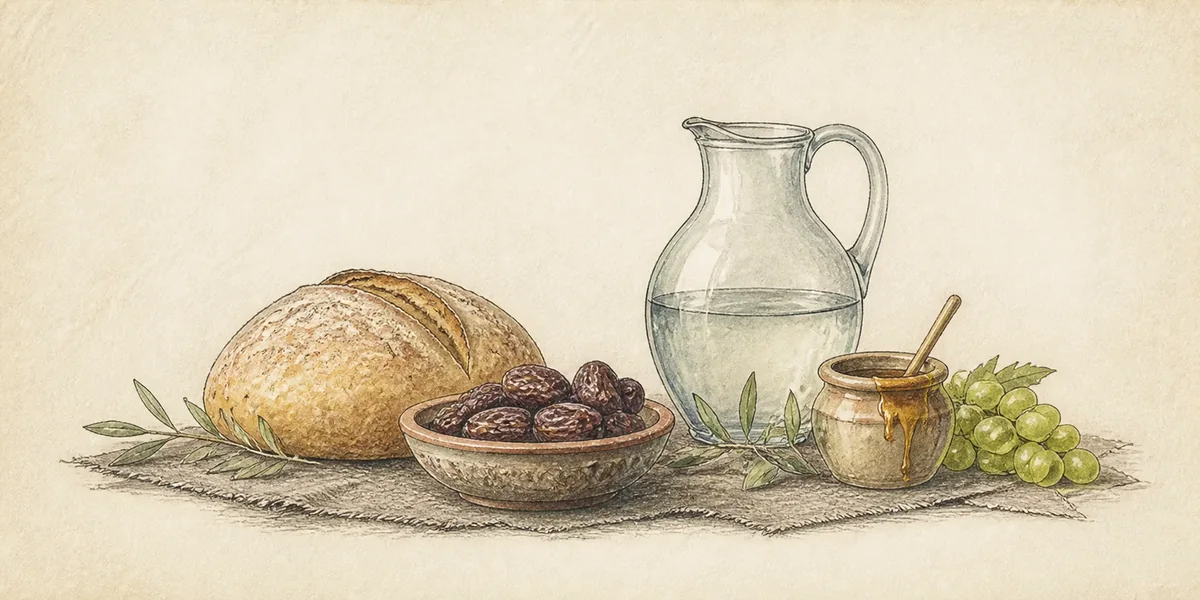 Brood, dadels, water, druiven en honing
