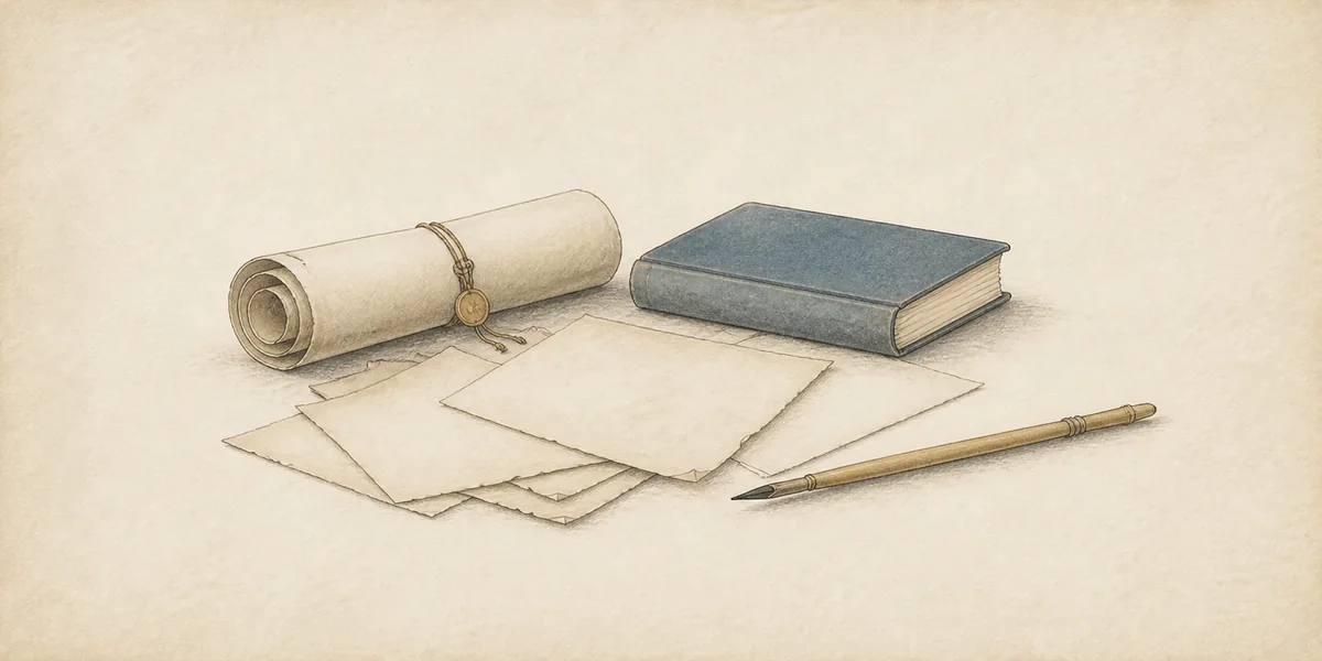 Boekrol, boek, losse bladen en een schrijfstift