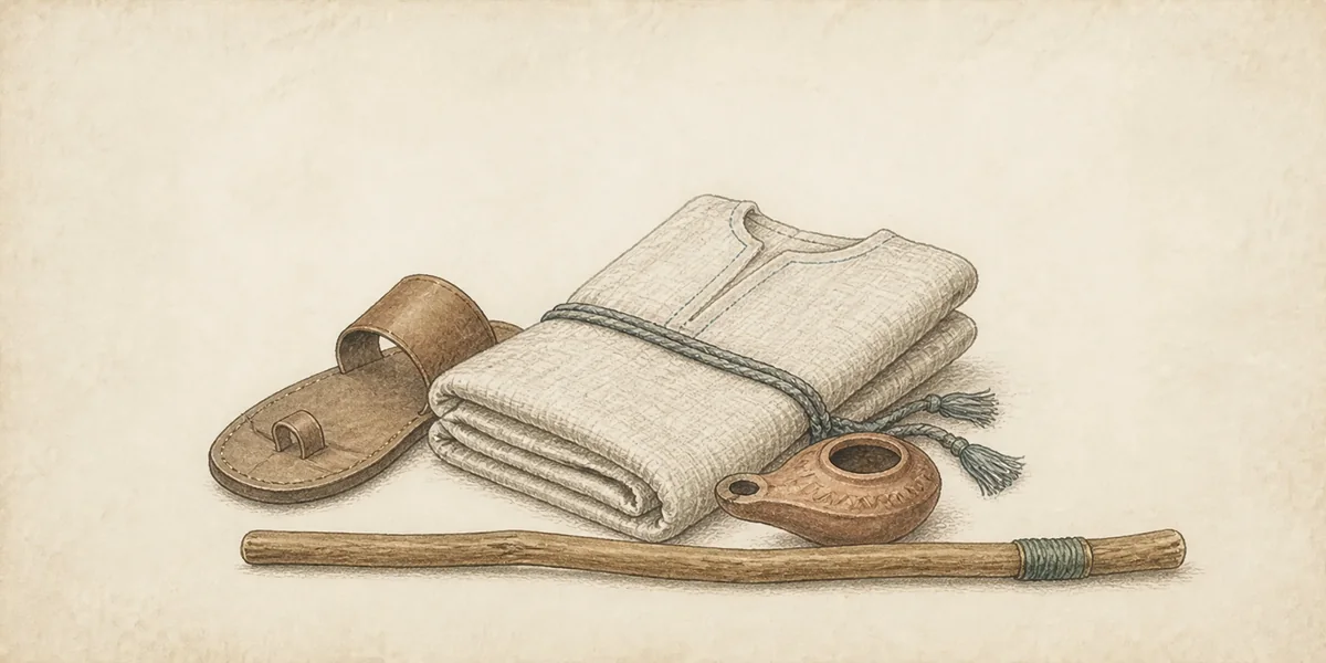 Gevouwen linnen kleding, sandaal, olielamp en staf
