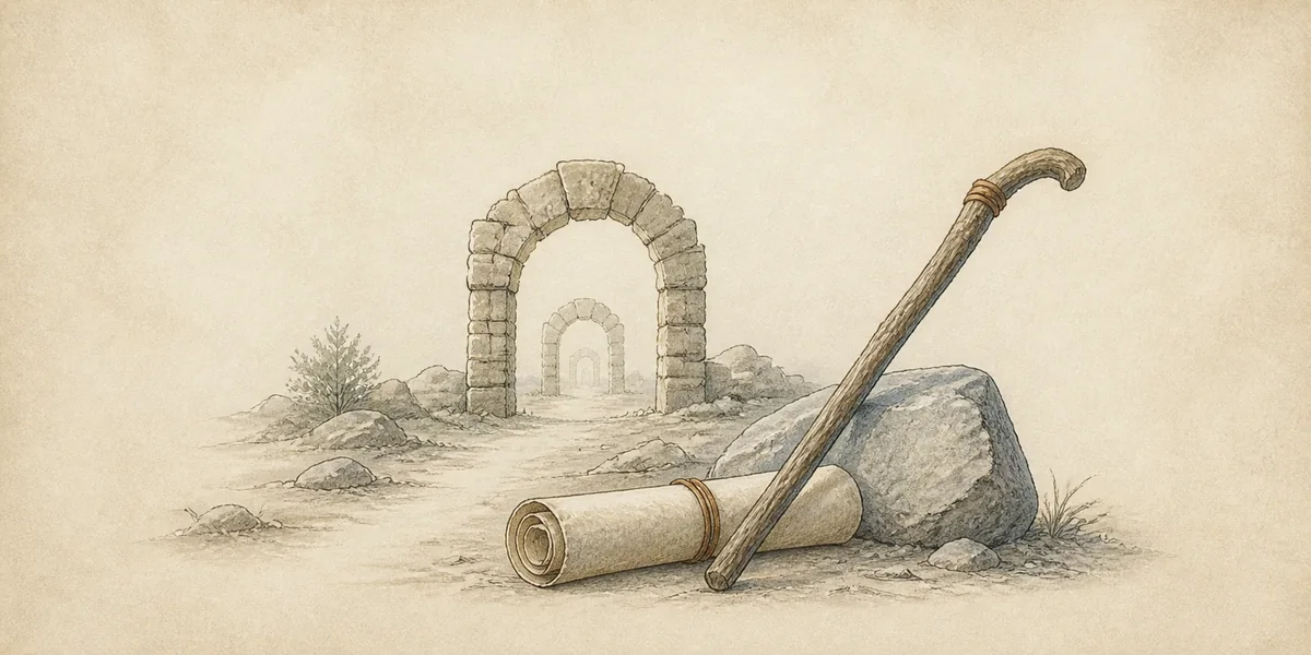Symbolische weg langs oude poorten, een boekrol en een staf